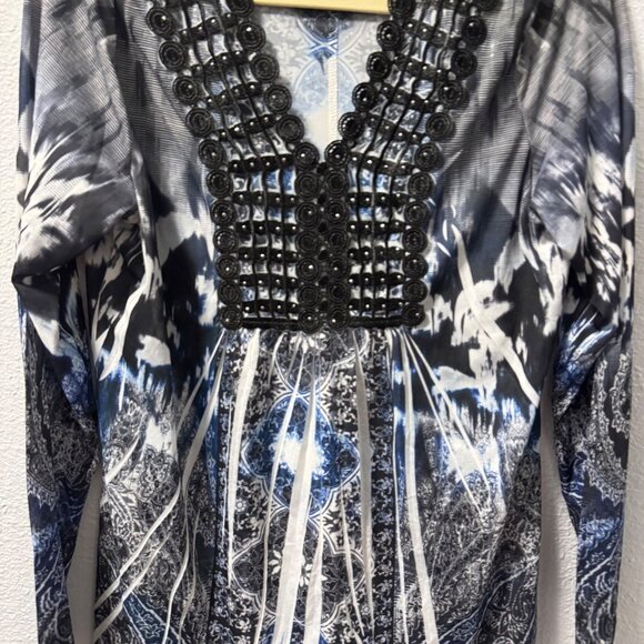 World Unity Womens Sz Large Black & Blue Beaded V-Neck Long Sleeve Tunic Top - Picture 2 of 12